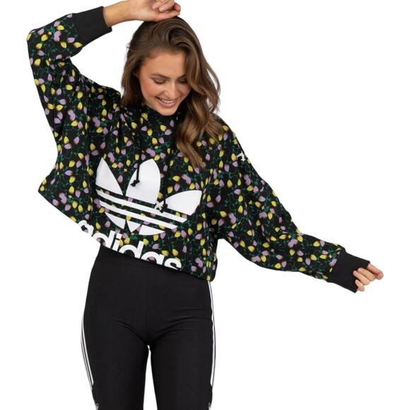 adidas Tops - EUC ADIDAS Originals Cropped Hoodie Allover Print Drawcord Loose Fit Size Small